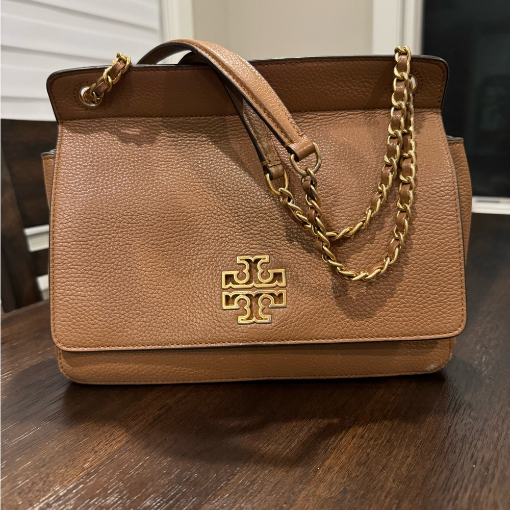 Tory Burch handbag, tan, gold trim, gold and tan multi-length shoulder strap.